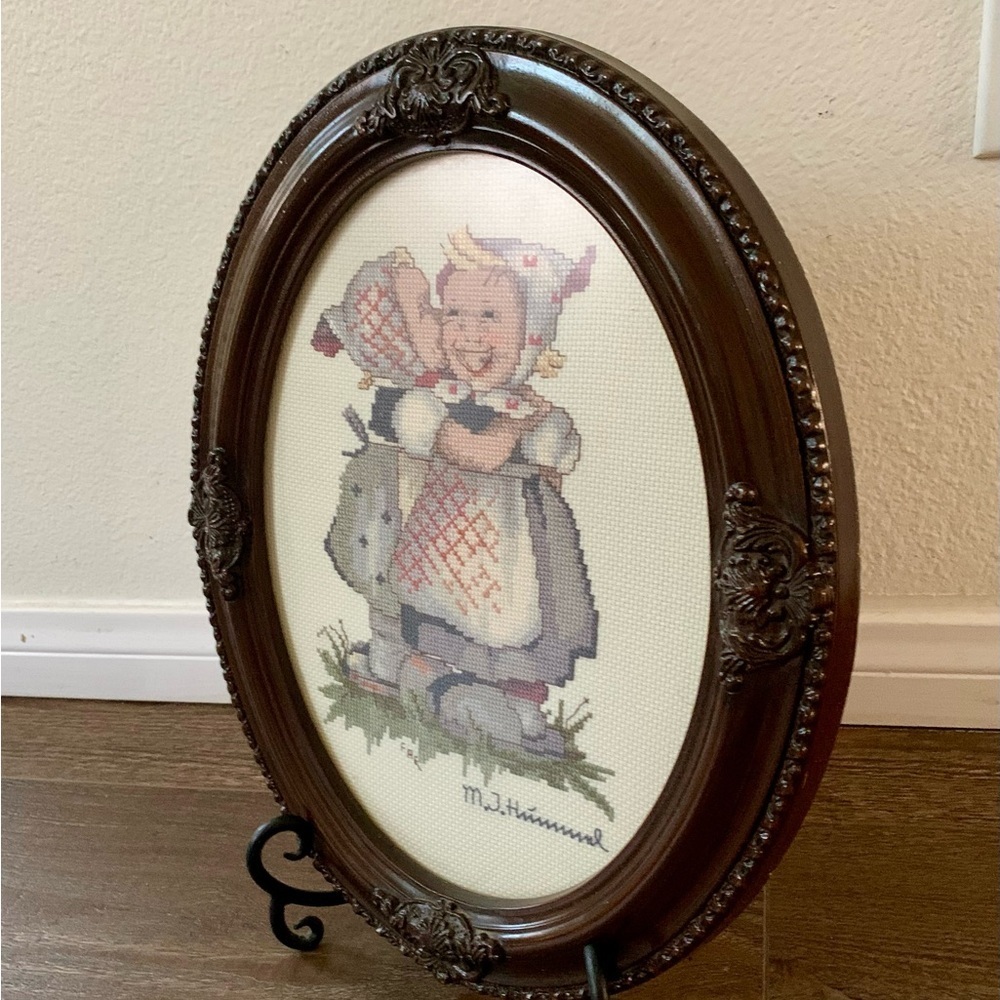 Vintage Wooden Frame Cross Stitch Hummel Picture 11/14” - Picture 4 of 13